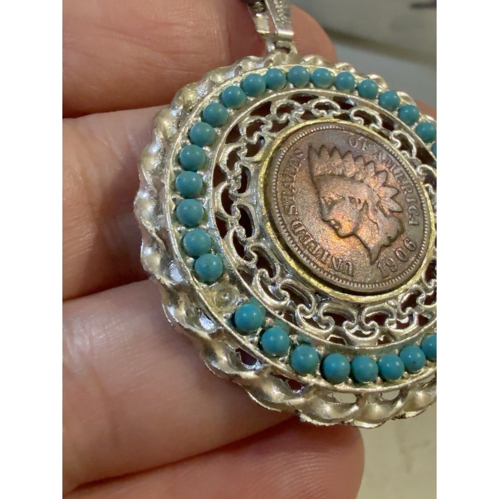 T20157-Vintage 1906 Indian Head Penny Coin Pendant Necklace Turquoise Beads 22" - Picture 5 of 9